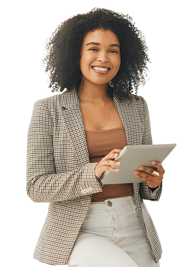 a women in a business suit holds a tablet looking focused